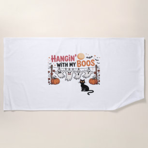 Hangin With My Boos Ghost Holding Black Cat Funny  Beach Towel