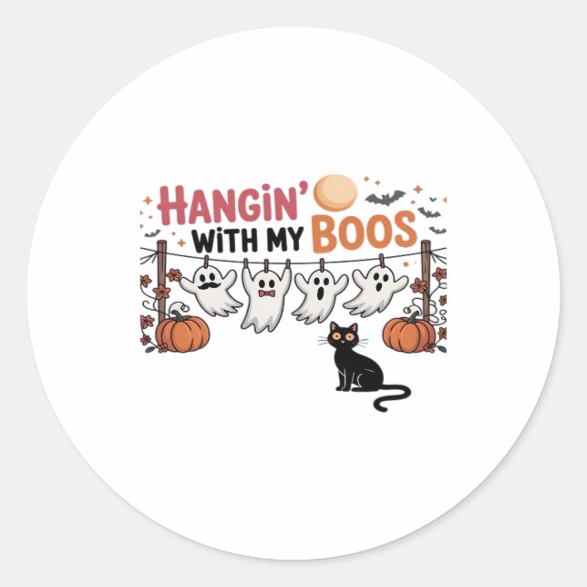 Hangin With My Boos Ghost Holding Black Cat Funny  Classic Round Sticker (Front)