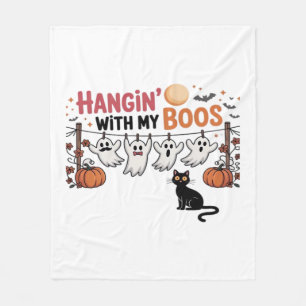 Hangin With My Boos Ghost Holding Black Cat Funny Fleece Blanket