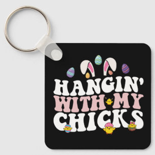 Hangin' With My Chicks Easter Bunny Groovy Retro Keychain