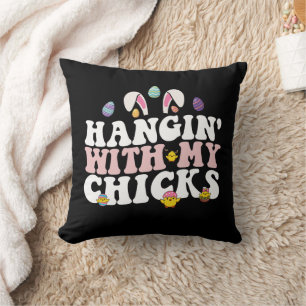 Hangin' With My Chicks Easter Bunny Groovy Retro Throw Pillow