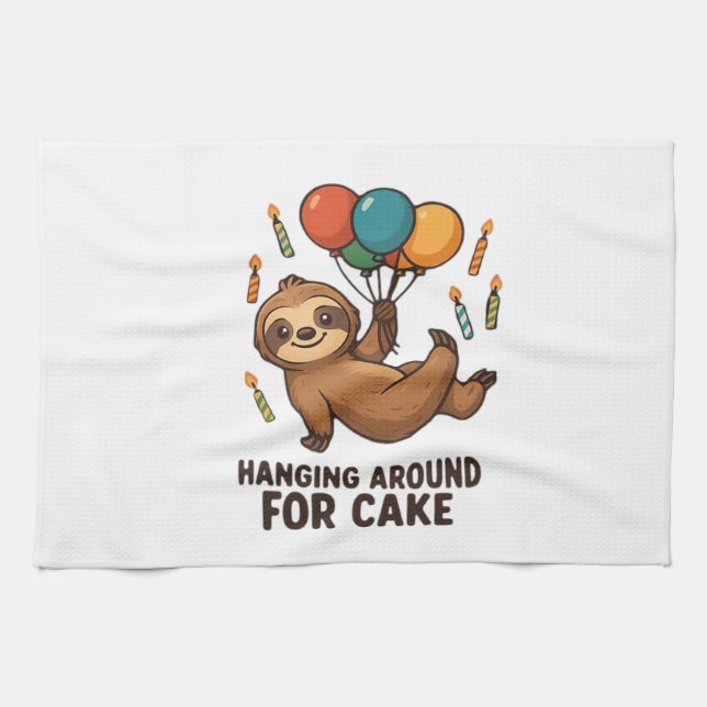 Hanging Around For Cake Birthday Balloon Sloth , C Kitchen Towel (Horizontal)
