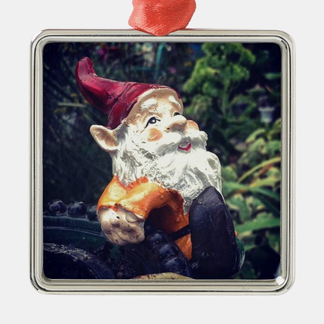 Hanging Around with the gnome in the garden. Metal Ornament (Front)