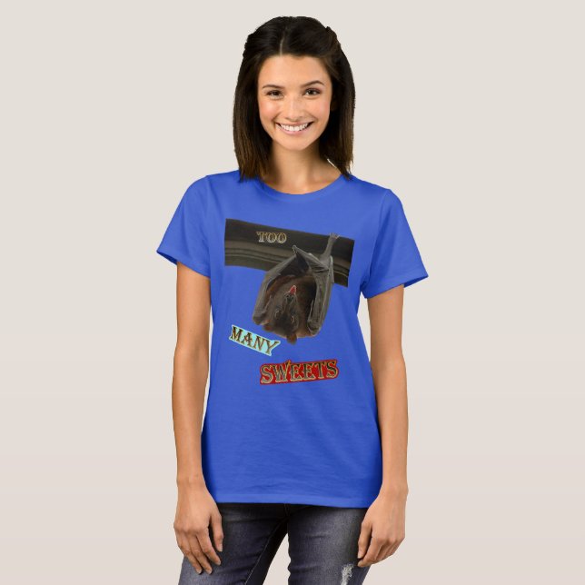 Hanging Bat Halloween Funny Too Many Sweets Tee (Front Full)