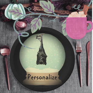 Hanging bat snow globe black vintage gothic fall paper plate