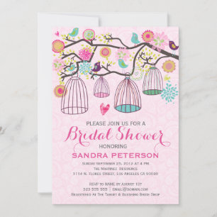 Hanging Bird Cages & Retro Flowers Bridal Shower Invitation