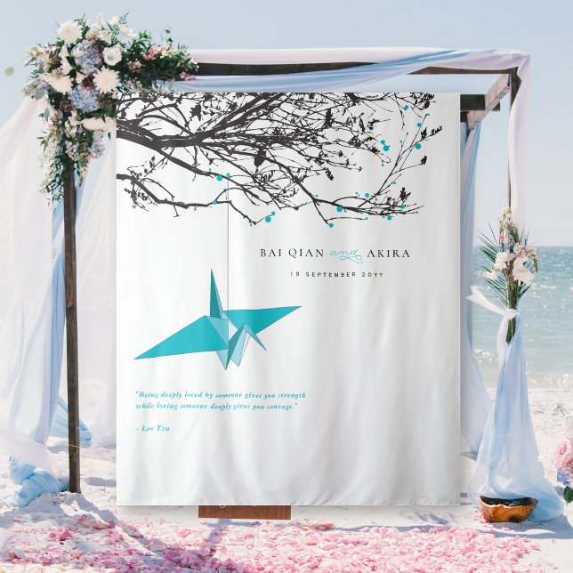 Hanging Blue Paper Crane Wedding Photo Backdrop Tapestry (Hanging Blue Origami Paper Crane Branches Asian Wedding Photo Backdrop Tapestry @ fatfatin_red_knot)