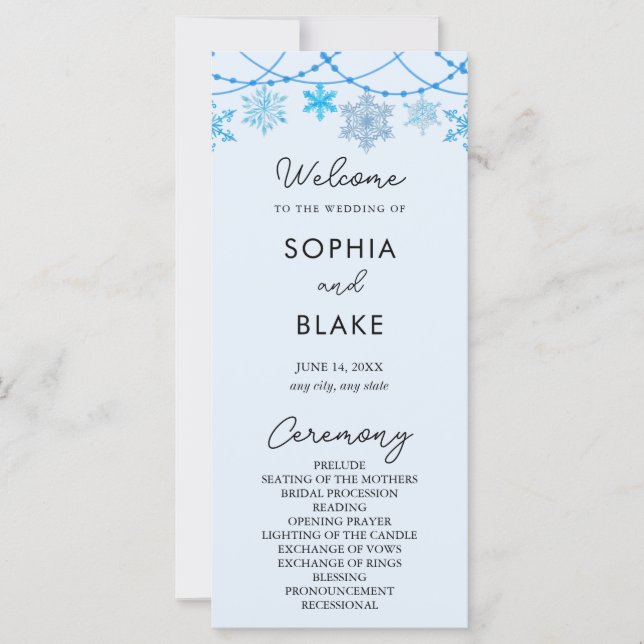 Hanging Blue Snowflakes Programme de mariage bleu (Devant)