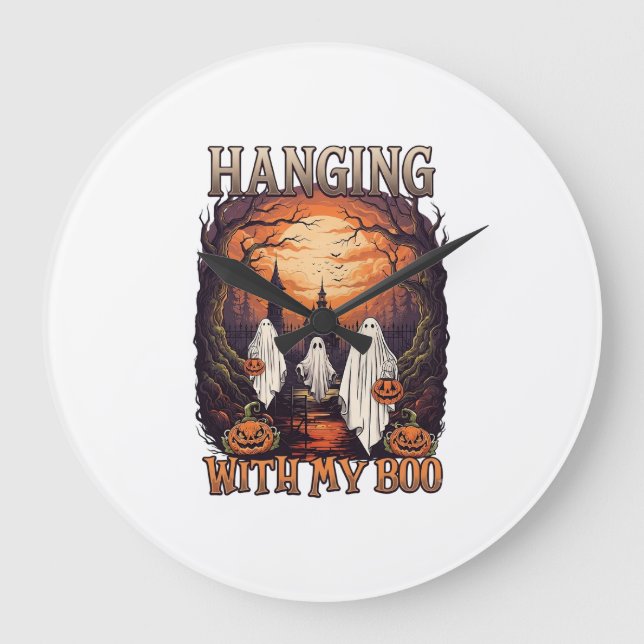 Hanging Boo Halloween Ghosts Pumpkins Full Moon_1 Large Clock (Front)