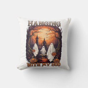 Hanging Boo Halloween Ghosts Pumpkins Full Moon_1 Throw Pillow