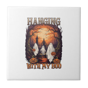 Hanging Boo Halloween Ghosts Pumpkins Full Moon_1 Tile