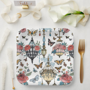 Hanging Chandelier Floral with Butterflies Paper Plate