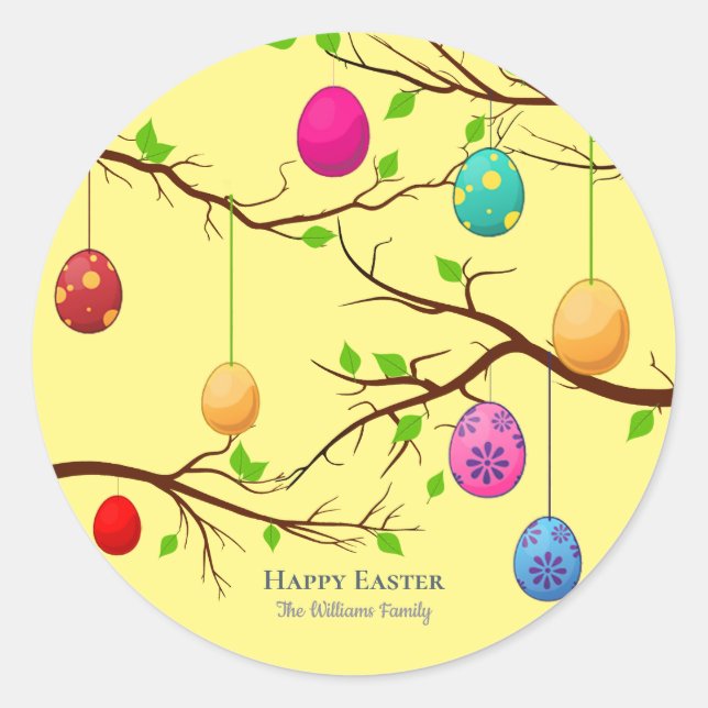 Hanging Easter Eggs, Spring Tree Branches Classic Round Sticker (Front)