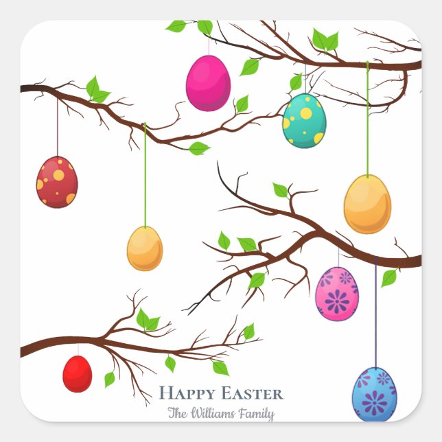 Hanging Easter Eggs, Spring Tree Branches Square Sticker (Front)