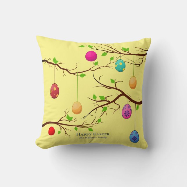 Hanging Easter Eggs, Spring Tree Branches Throw Pillow (Front)