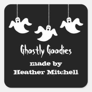 Hanging Ghosts Halloween Baking Stickers, Black Square Sticker
