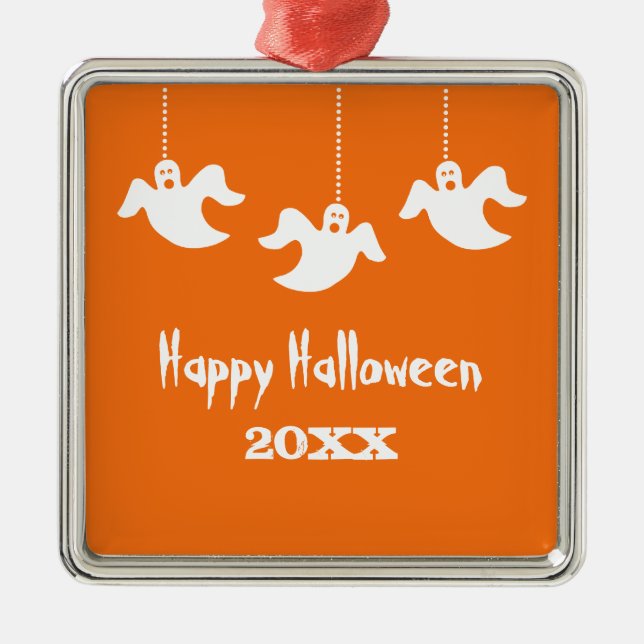 Hanging Ghosts Halloween Ornament, Orange Metal Ornament (Front)
