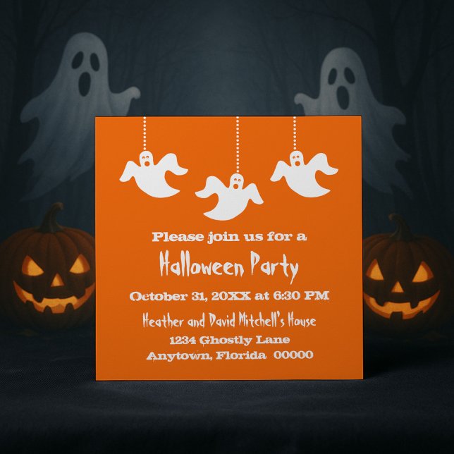 Hanging Ghosts Invitation Halloween, Orange (Orange Hanging Ghosts Halloween Party Invitation)