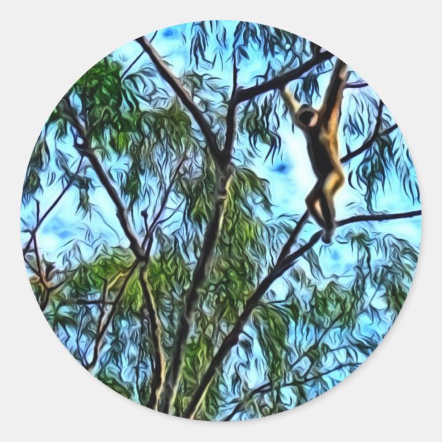 "Hanging Gibbon" Artwork Classic Round Sticker (Front)
