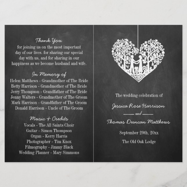 Hanging Heart Tree Chalkboard Wedding Program (Front)
