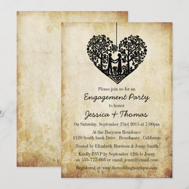 Hanging Heart Tree Vintage Engagement Shower Invitation (Front/Back)