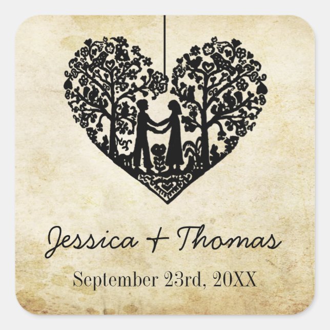 Hanging Heart Tree Vintage Wedding Collection Square Sticker (Front)