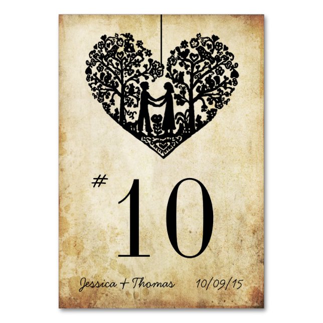 Hanging Heart Tree Vintage Wedding Table Number (Front)