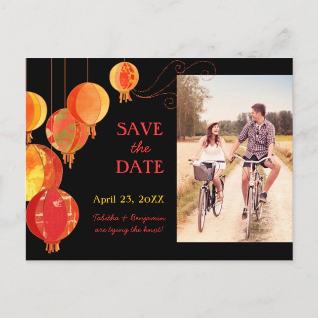 Hanging Lanterns Wedding Photo Save the Date Announcement Postcard (Front)
