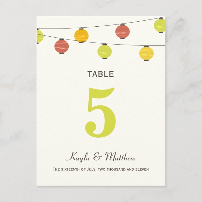 Hanging Lanterns Wedding Table Number Card (Front)