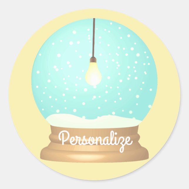 Hanging lightbulb snow globe blue yellow unique  classic round sticker (Front)