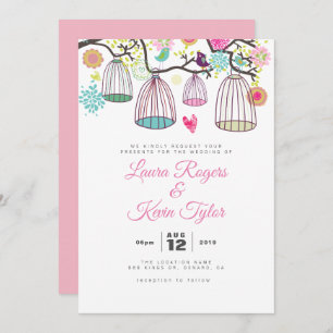 Hanging Love-Birds Cages & Retro Flowers Invitation