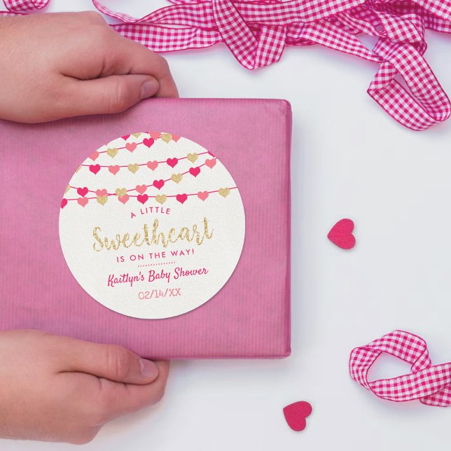 Hanging Love Hearts Little Sweetheart Baby Shower Classic Round Sticker (Creator Uploaded)