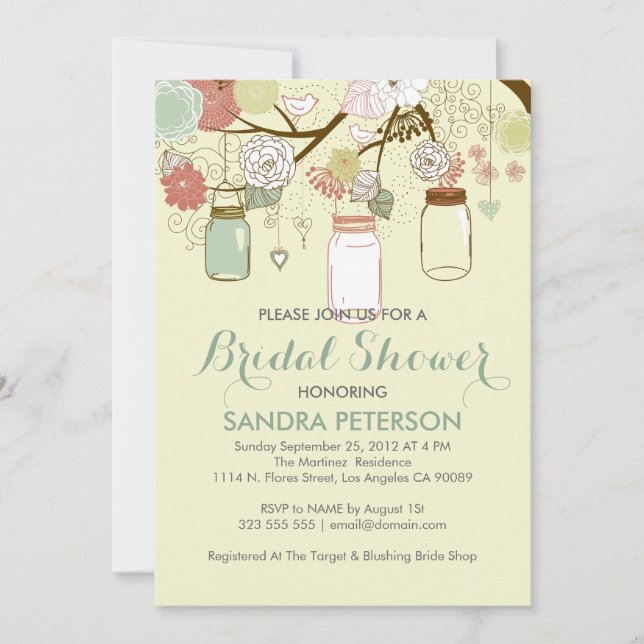 Hanging Mason Jar & Retro Flowers Bridal Shower Invitation (Front)