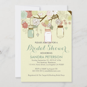 Hanging Mason Jar & Retro Flowers Bridal Shower Invitation