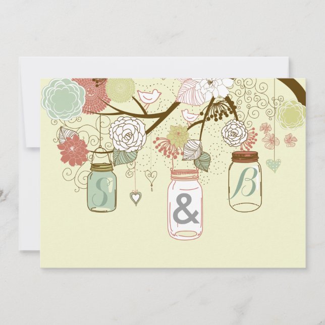 Hanging Mason Jar & Retro Flowers Wedding Invite (Front)