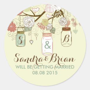Hanging Mason Jar & Retro Flowers Wedding Sticker