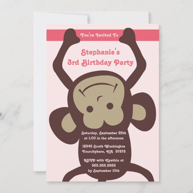 Hanging monkey girl's birthday party invitation (Front)