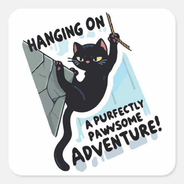 Hanging On: Black Cat Holding Square Sticker (Front)