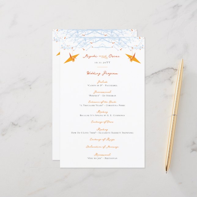 Hanging Orange Paper Cranes Asian Wedding Program (Front/Back In Situ)