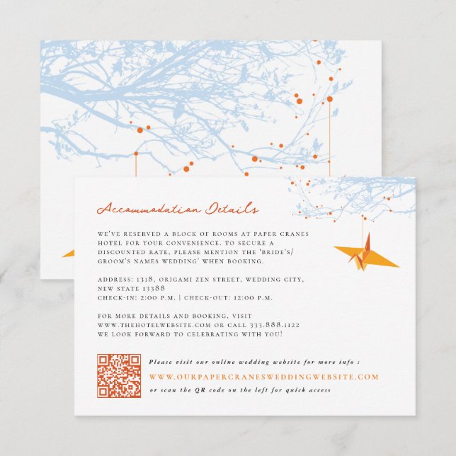 Hanging Origami Orange Crane Asian Wedding Details Enclosure Card (Front/Back)