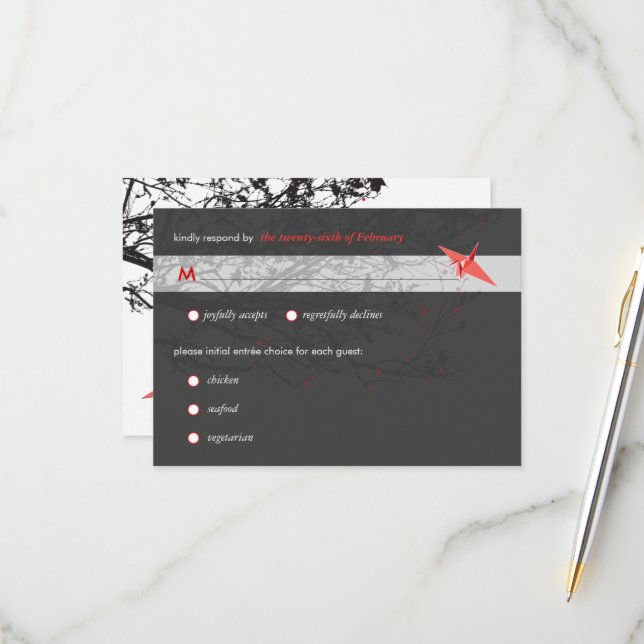 Hanging Origami Paper Cranes Asian Wedding RSVP Card (Front/Back In Situ)