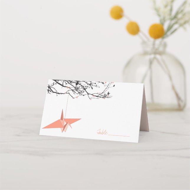 Hanging Peach Origami Paper Cranes Asian Wedding Place Card (Front)