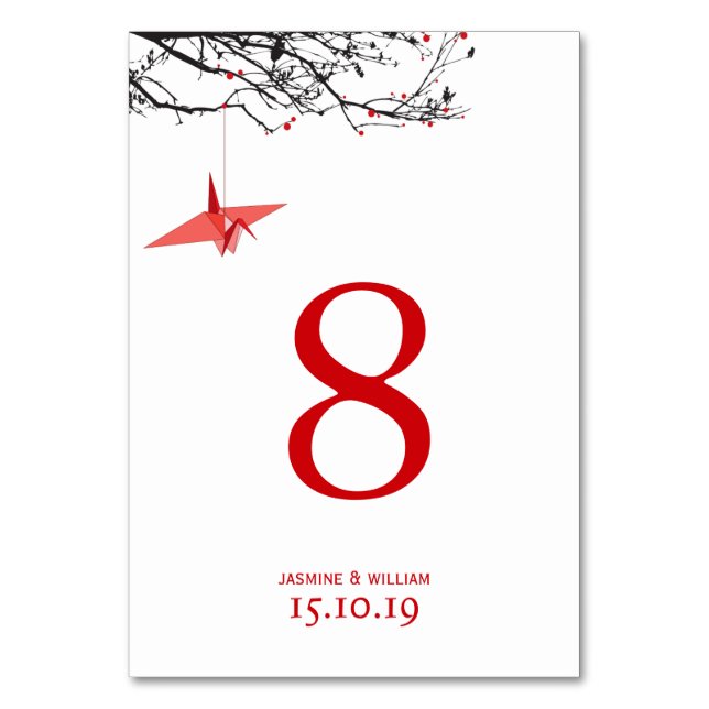 Hanging Red Paper Crane On Branches Asian Wedding Table Number (Front)