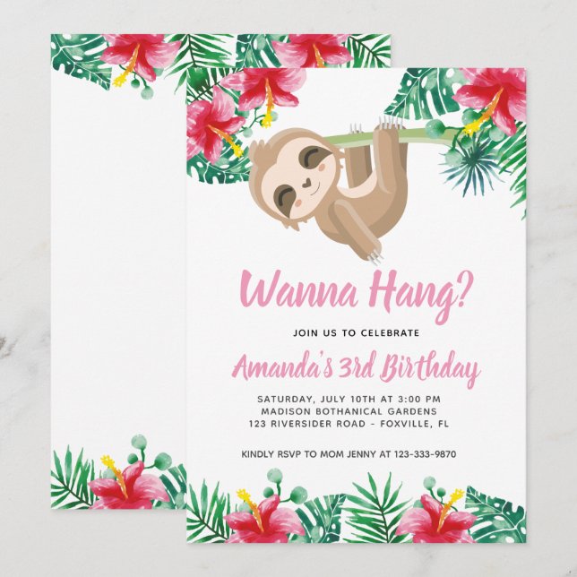 Hanging Sloth Girl Birthday Invitation (Front/Back)