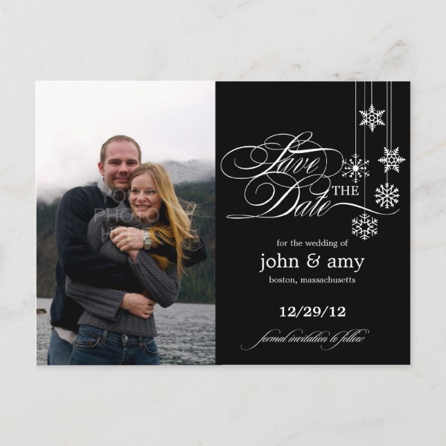 Hanging Snowflakes Photo Save The Date (Black) Announcement Postcard (Front)