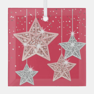 Hanging Stars Confetti Pink Background Christmas Glass Ornament