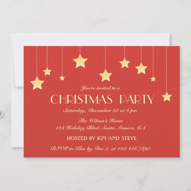 Hanging Stars Red Christmas Holiday Party  Invitation (Front)