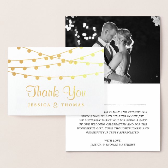 Hanging String Lights Modern Photo Wedding Foil Card (Display)