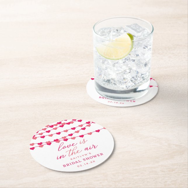 Hanging String Love Hearts Bridal Shower Round Paper Coaster (Insitu)