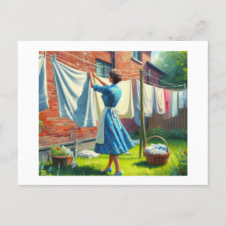 Hanging Up Wet Laundry,  Postcard